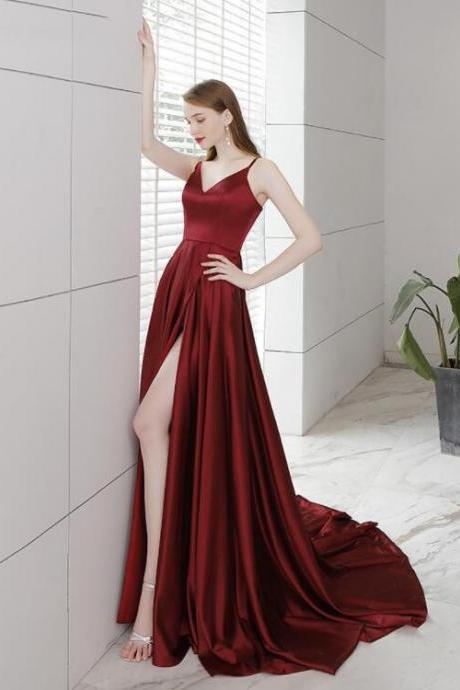 Beautiful Satin Straps High Leg Slit Long Party Dress Evening Dress, Burgundy Prom Dress