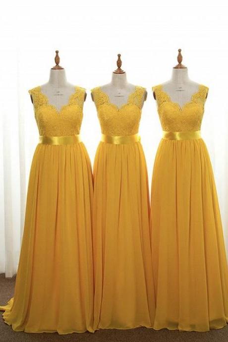 Yellow A-line Chiffon Bridesmaid Dresses Cheap Court Train Chiffon, Yellow Lace Bridesmaid Gown