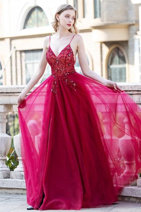 Wine Red Straps Beaded V-neckline Tulle Prom Dress with Leg Slit, Dark Red Party Dresses