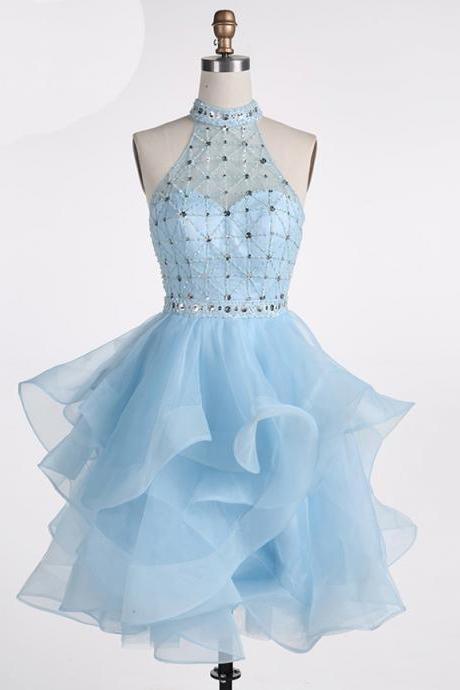 Blue Beaded Layers Knee Length Party Dress, Blue Homecoming Dress Short Prom Dress