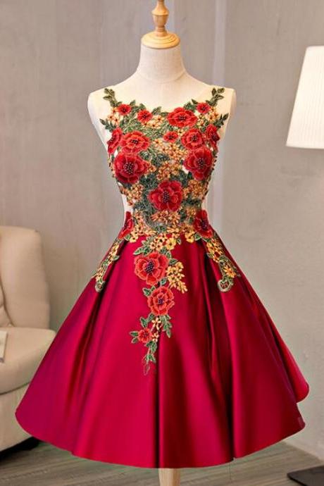 Red Satin Short Lace Applique Flowers Homecoming Dress, Red Prom Dress Formal Dresses