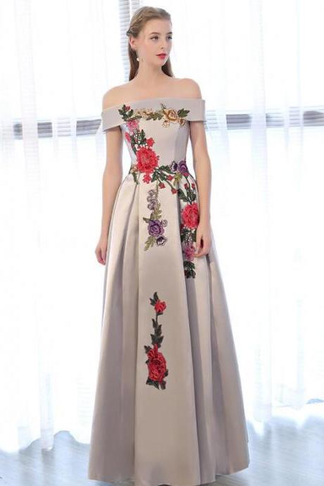 Beautiful Sliver Grey Satin Off Shoulder Long Party Dress With Embroidery, A-line Prom Dress Graduation Dress