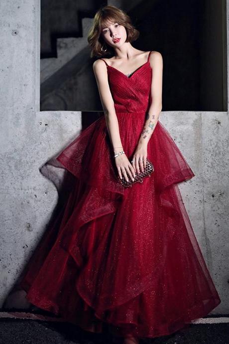 Wine Red V-neckline Shiny Tulle A-line Floor Length Prom Dress, Dark Red Party Dress
