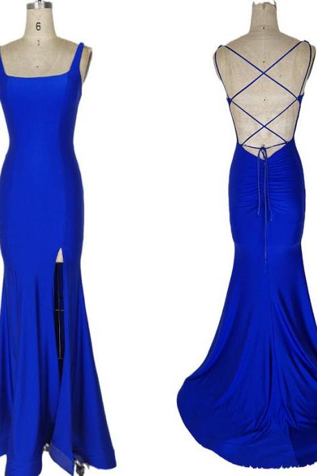 Royal Blue Spandex Sexy Party Dress with Slit, Cross Back Mermaid Long Formal Dress