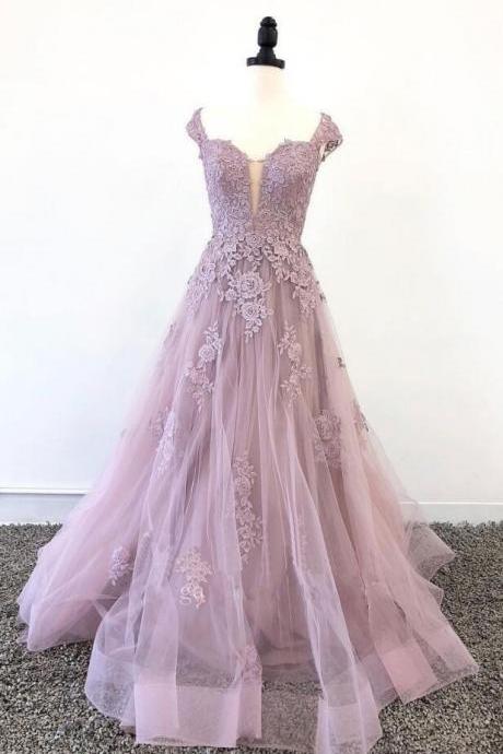 Beautiful Dusty Mauve Tulle Long Formal Dress with Lace Applique, Cap Sleeves Prom Dress