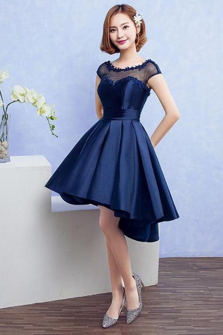 Lovely Satin Blue Homecoming Dress With Lace Appliques, Blue Dark Navy Short Party Dress Prom Dress