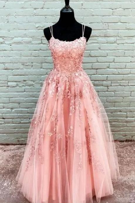 Pearl Pink Beautiful Tulle with Lace Applique Floor Length Prom Dress Party Dress, Pink Evening Gowns 