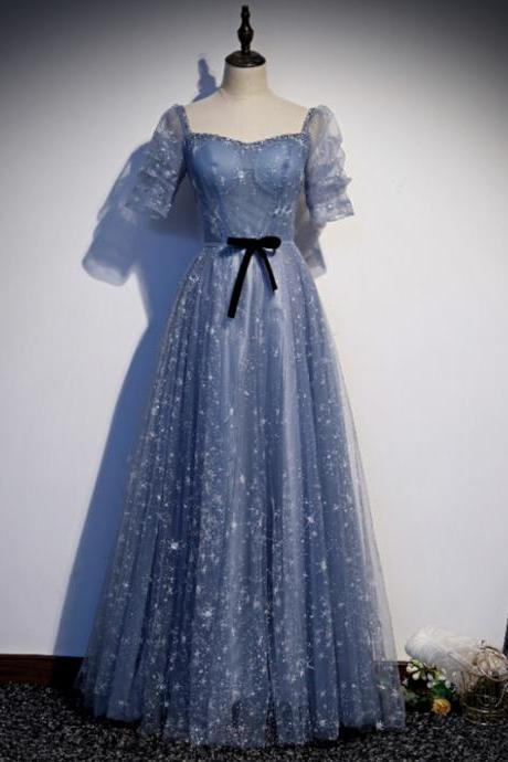Blue Tulle Short Sleeves A-line Style Prom Dress Party Dress, Blue Formal Dress