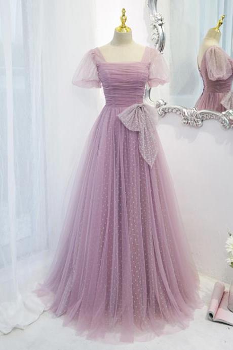 Charming Light Purple Princess Short Sleeves Long A-line Formal Dress, Purple Evening Gown Prom Dress