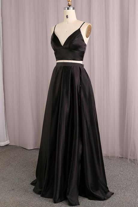 Black Satin Two Piece Long Evening Dress Prom Dress, Black Formal Dresses