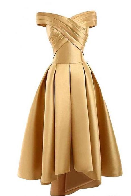 Gold Satin Off Shoulder High Low Party Dress Homecoming Dresses, Short Prom Dress