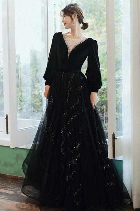 Black Tulle With Velvet Top Long Sleeves Evening Dress Party Dress, Black Formal Dress