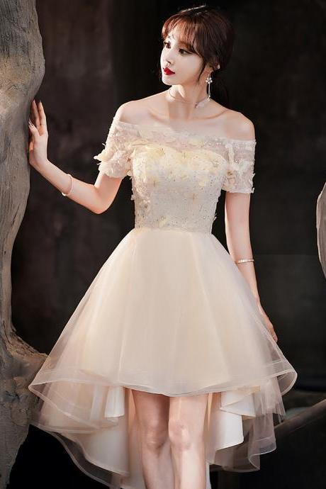 Champagne Tulle Short Sleeves High Low Homecoming Dress, Short Party Dress Prom Dress