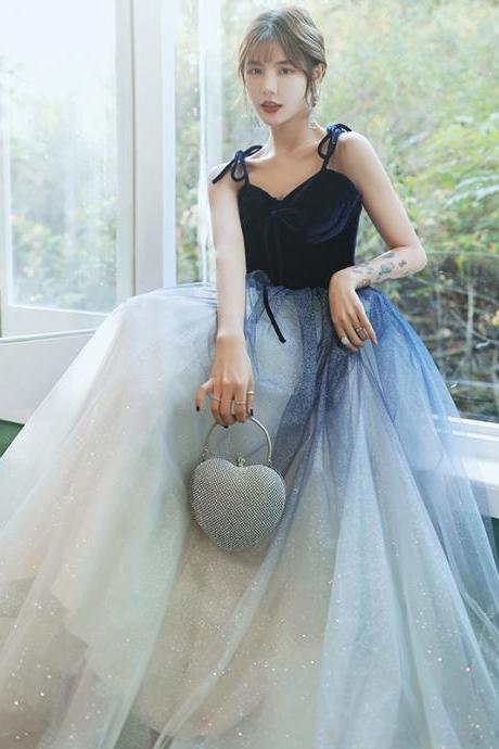 Blue Gradient Tulle with Velvet Top Straps Long Sweetheart Formal Dress, Blue Gradient Party Dress