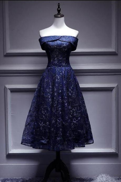 Blue Lace Off Shoulder Wedding Party Dress Bridesmaid Dress,Blue Prom Homecoming Dress