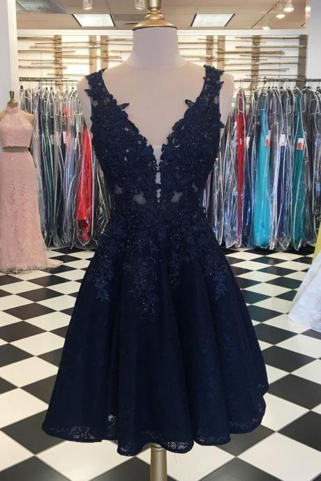 Navy Blue V-neckline Tulle Lace Applique Knee Length Party Dress, Blue Evening Dress Homecoming Dress