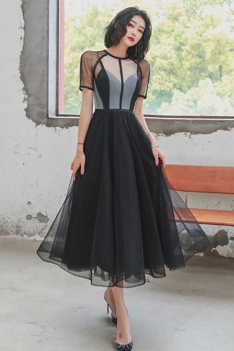 Lovely Black Tulle Short Sleeves Homecoming Dress Party Dres, Unique Style Prom Dress