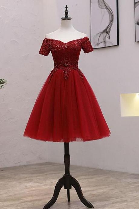 Beautiful Dark Red Off Shoulder Short Tulle with Lace Party Dress, Short Red Homecoming Dresses