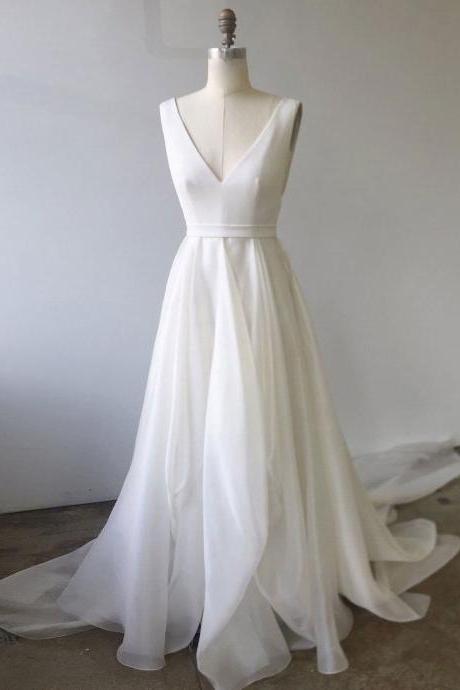 Beautiul White Chiffon V-neckline Long Wedding Party Dresses, White Floor Length Wedding Dresses