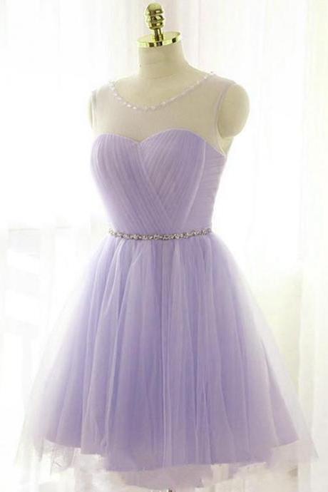 Lovely Short Tulle Beaded Light Purple Homecoming Dress, Round Neckline Party Dress
