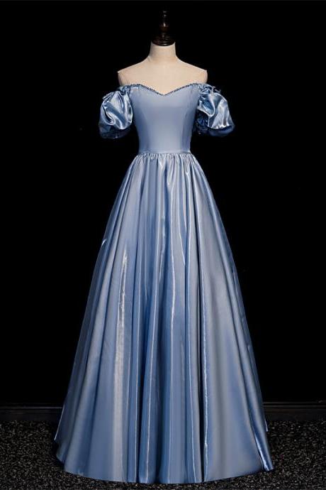 Beautiful Blue Satin Beaded Off Shoulder Long Princess Party Dress Prom Dress, Long Evening Dress