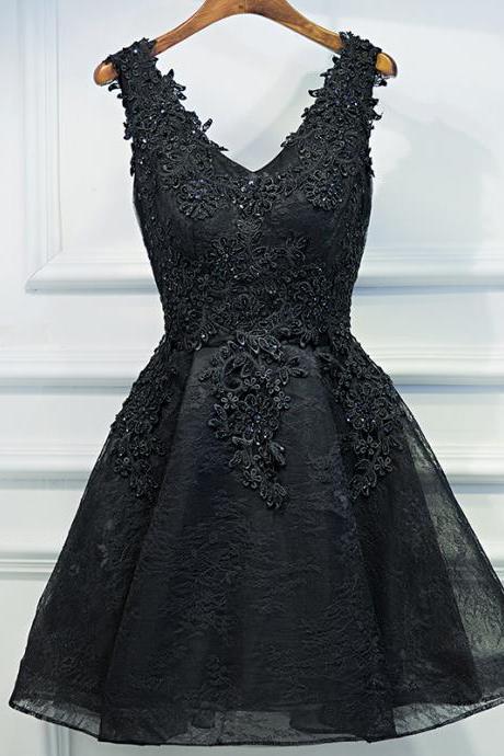 Black High Low Lace V-neckline Short Homecoming Dress, Black Prom Dress Party Dress