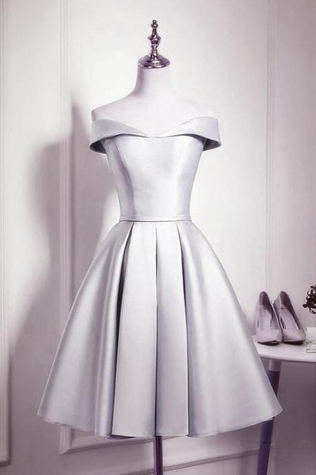 Cute Grey Satin Off Shoulder Knee Length Party Dress, Grey Homecoming Dress Evening Dress
