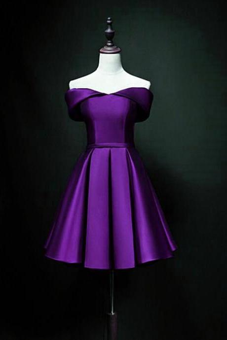 Cute Short Sweetheart Satin Off Shoulder Homecoming Dresses, Purple Short Prom Dresses