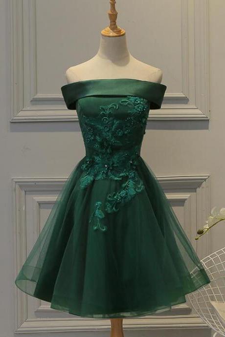 Lovely Off Shoulder Green Short Satin Party Dress with Lace Applique, Green Homecoming Dresses