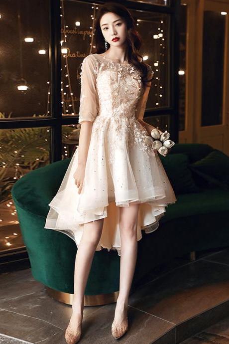 Lovely Light Champagne Lace Applique Short Sleeves High Low Party Dress, Short Homecoming Dresses