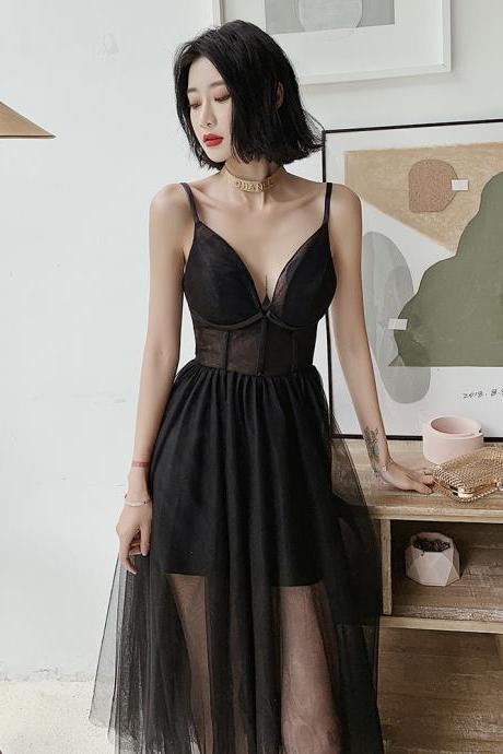 Black Tulle V-neckline Party Dress With Straps Formal Dress, Black Homecoming Dresses