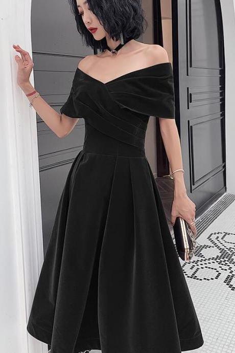 Black Off Shoulder Velvet Tea Length Bridesmaid Dress, Short Black Party Dress