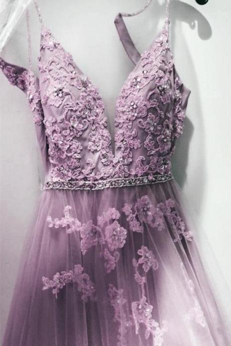 Light Purple Tulle V-neckline Beaed and Lace Applique Party Dress, Long Formal Dress Prom Dress