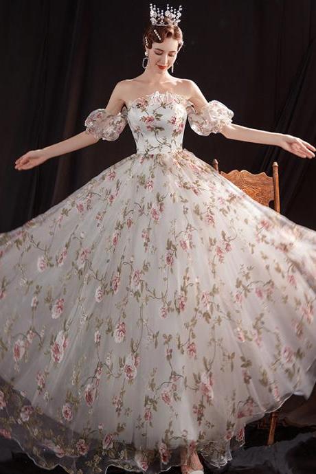 Lovely White Floral Off Shoulder Long Evening Dress Party Dress, A-Line Floral Lace Prom Dresses