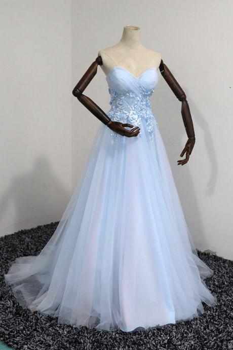 Blue Tulle Sweetheart Party Dress Formal Dress, Blue Lace Applique Prom Dress Wedding Party Dresses