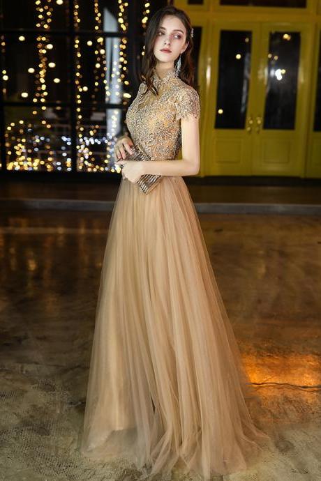 Champagne High Neckline Tulle With Lace Long Party Dresses, A-Line Champagne Formal Dress