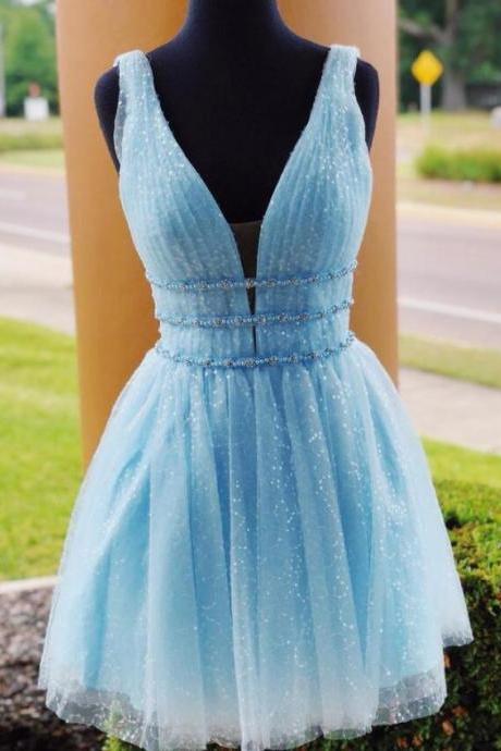 Lovely Light Blue Tulle Beaded V-neckline Short Prom Dress Homecoming Dress, Blue V-neckline Prom Dress