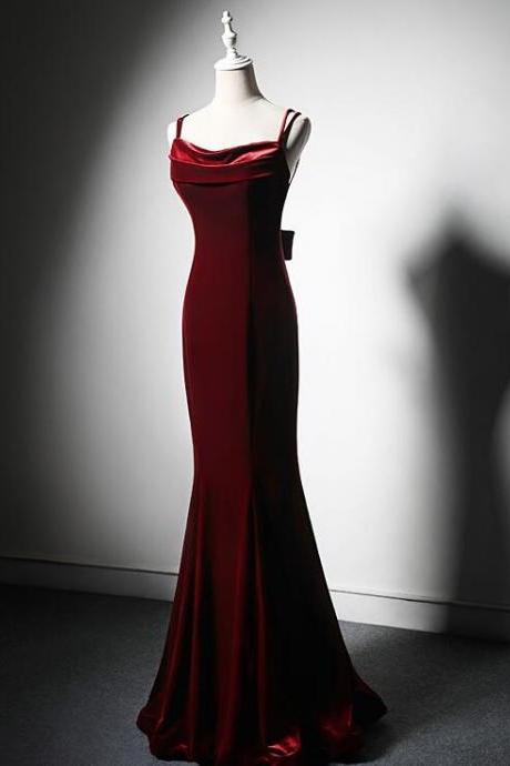 Wine Red Long Velvet Straps Low Back Evening Dresses, Wine Red Party Dress