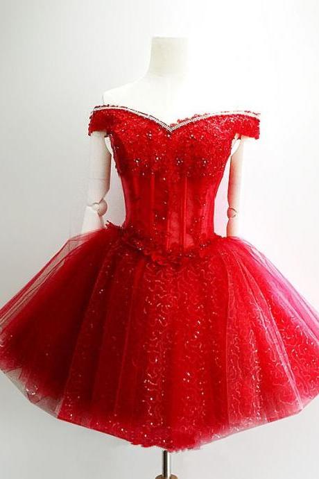 Red Sweetheart Shiny Tulle Off Shoulder Short Homecoming Dress, Red Party Dress