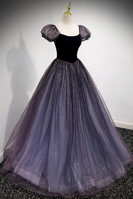 Purple Tulle Shiny Short Sleeves Ball Gown Formal Dress, Purple Long Prom Dresses