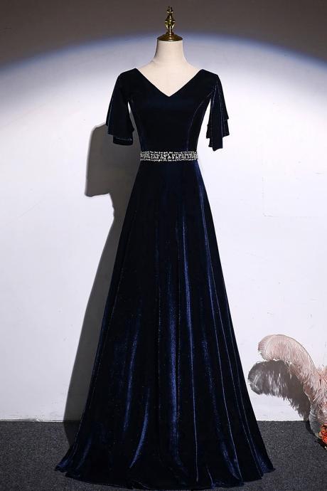 Beautiful Velvet Long Beaded V-neckline Evening Dress Party Dress, Blue Prom Dress 2022