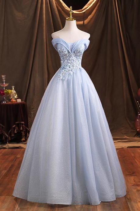 Lovely Sweetheart Lace Applique Shiny Tulle Long Party Dress, Floor length Blue Prom Dress