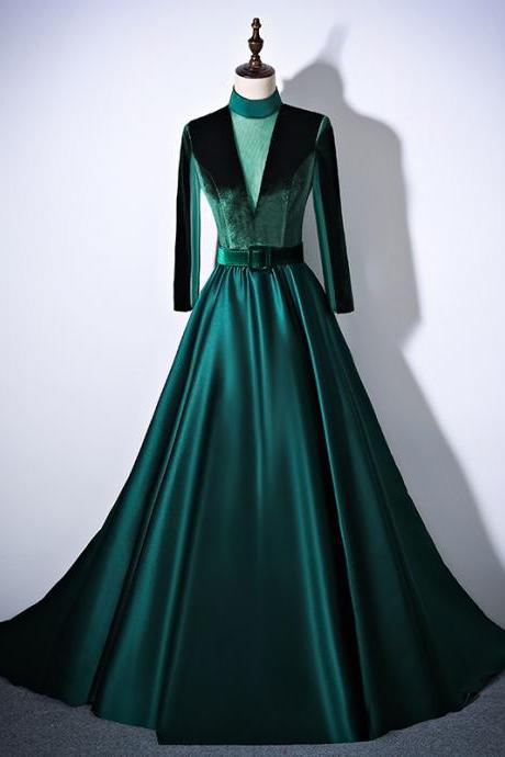 Green Velvet And Satin A-line Formal Dresses Evening Dress, Long Prom Dress