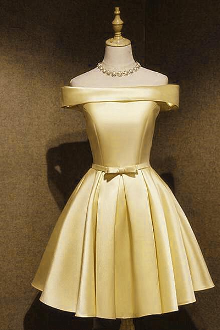 Light Yellow Off Shoulder Short Homecoming Dress, Yellow Satin Prom Dress