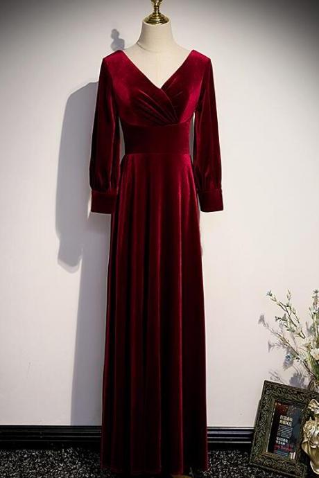 Beautiful Wine Red Long Sleeves Party Dress, Velvet Evening Dress Prom Dress