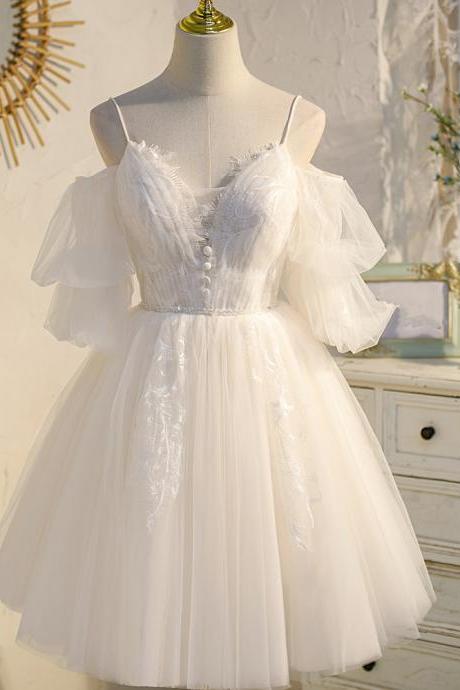 Cute White Short Tulle Off Shoulder Prom Dress Formal Dress, White Wedding Party Dress