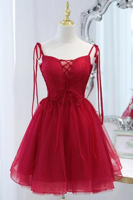 Red Short Beaded Straps Tulle Homecomng Dress Party Dress, Red Short Formal Dress