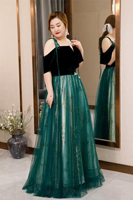 Green Velvet and Tulle Straps Plus Size Prom Dress Evening Dress, Green A-line Prom Dress