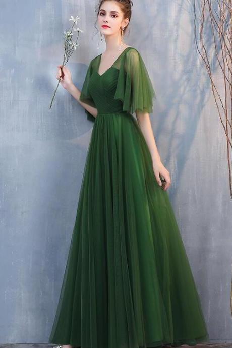 Dark green Tulle A-line Long Formal Dresses Evening Dress, Green Floor Length Bridesmaid Dresses