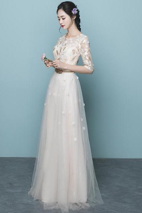  Elegant Short Sleeves Lace And Tulle Long Party Dress, A-Line Ivory Long Bridesmaid Dresses